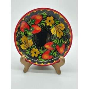 Khokhloma Russian Hand Painted Plates Set of 6 MCM Vintage Folk Art Vintage